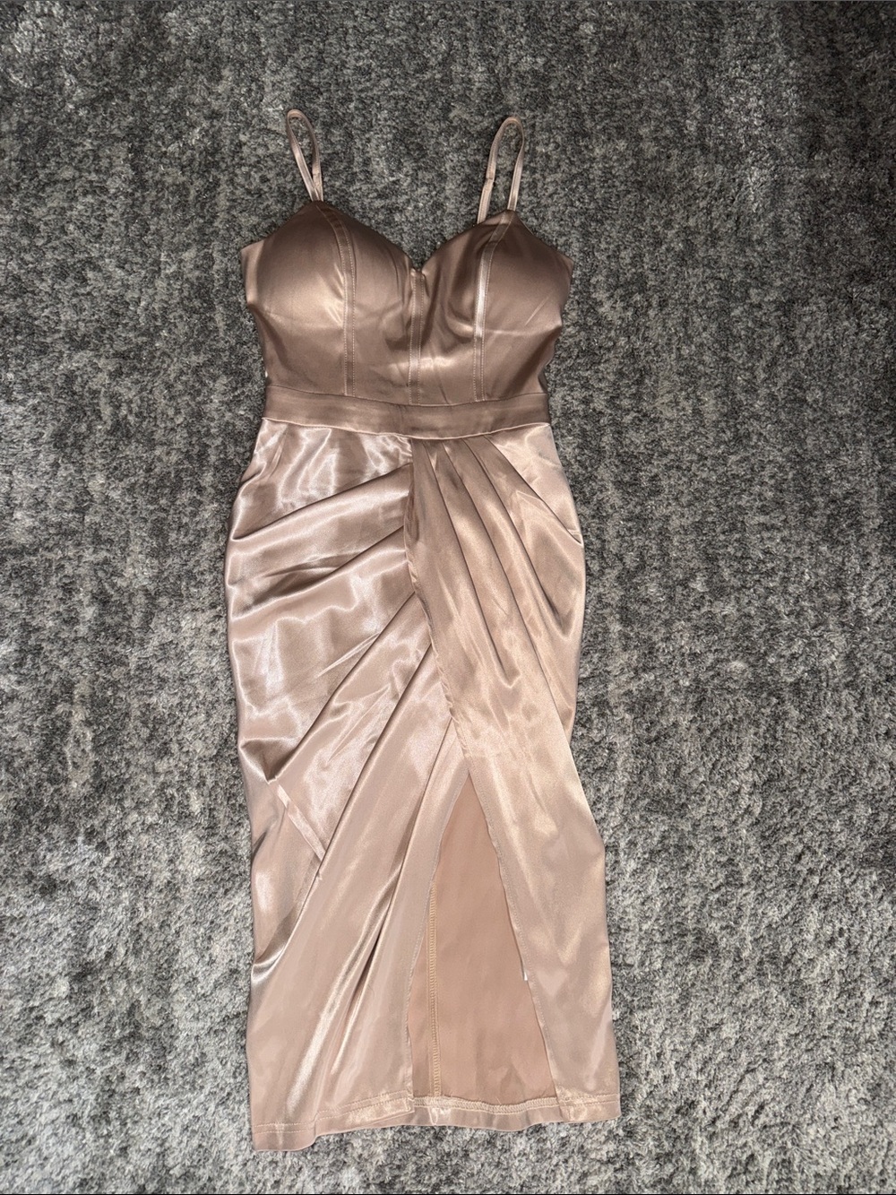 Fashion Nova Taupe Satin Ruched Midi Dress